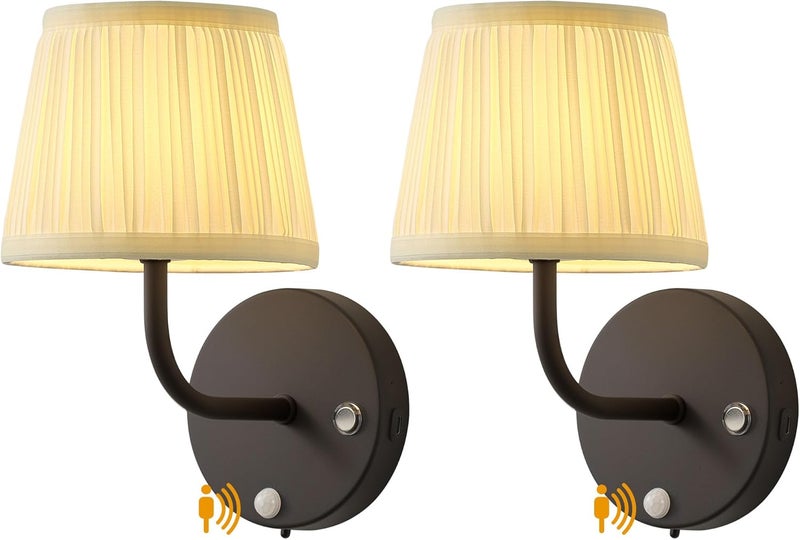 PUSU Motion Sensor Black H9.6 inch Small Wall Sconces Set of 2, LED Cordless Rechargeable 5200mAh Battery Operated Fabric Wall Lamps with Remote, Lighting for Living Room, Bedroom, Hallway, Stairs - Image 1